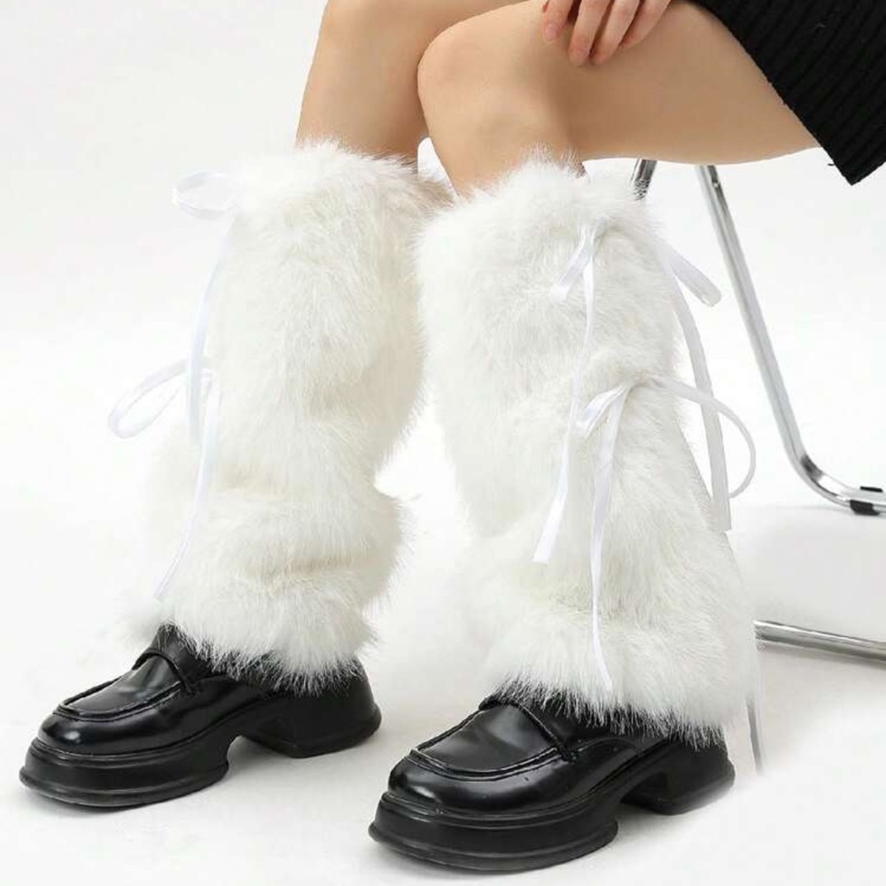 White Faux-Fur Bow-Detail Leg Warmers
